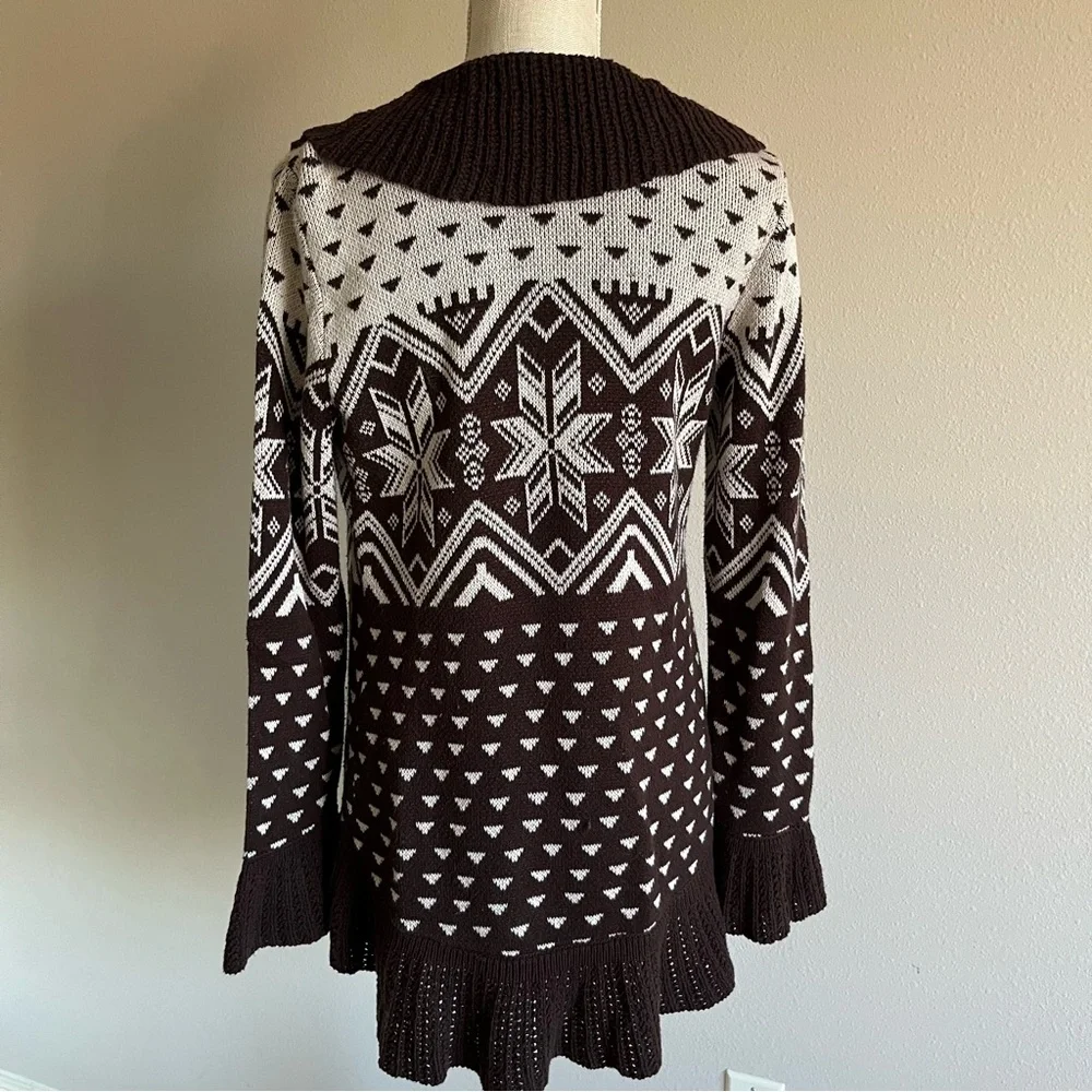 Style & co Brown and White Women's cardigan sweater open weave Ruffle front S - Picture 4 of 7